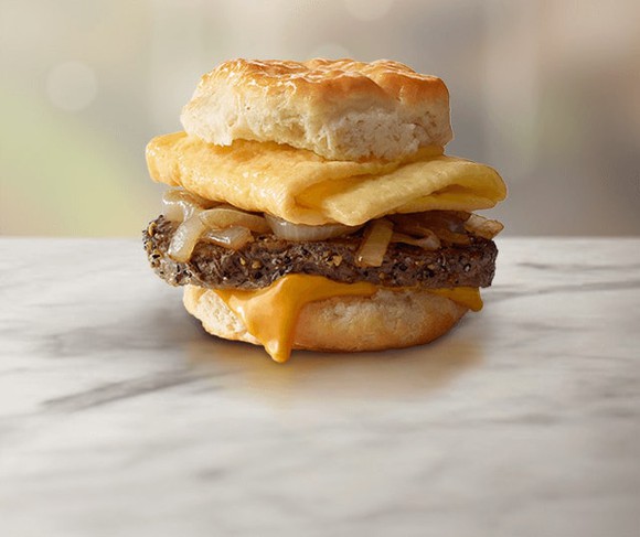 A McDonald's breakfast steak-and-egg biscuit
