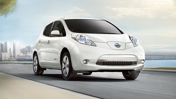 A white 2017 Nissan Leaf all-electric vehicle