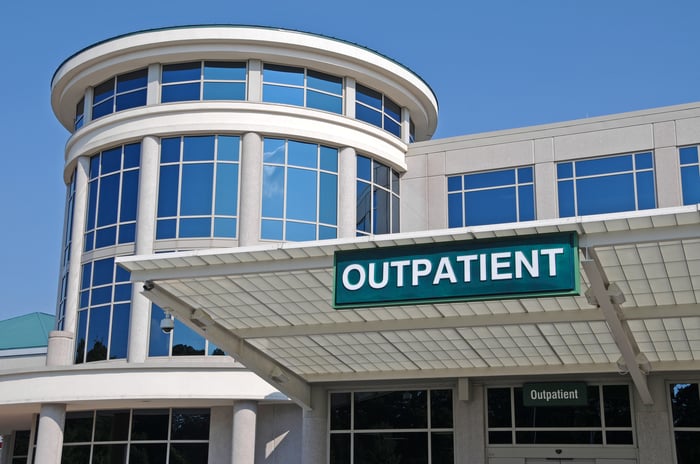 Outpatient sign over a Hospital Outpatient Services entrance.