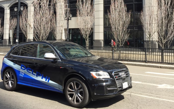 A black Audi with blue "Delphi" graphics