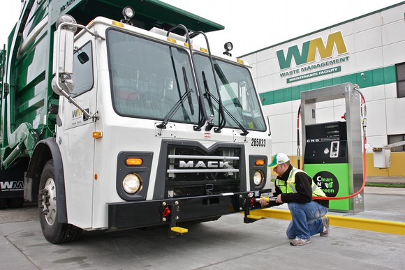 A Waste Management truck at a maintenance facility.