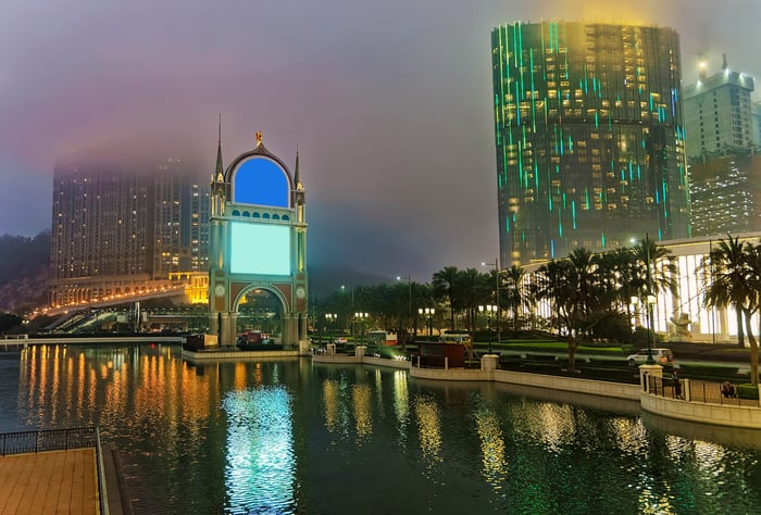 Macau's City of Dreams resort along the canal of the Venetian at night.