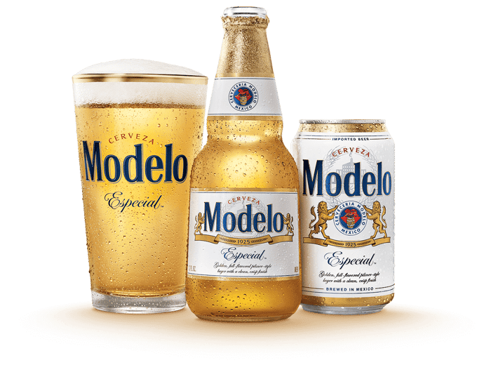 A can, bottle, and glass of Modelo Especial beer