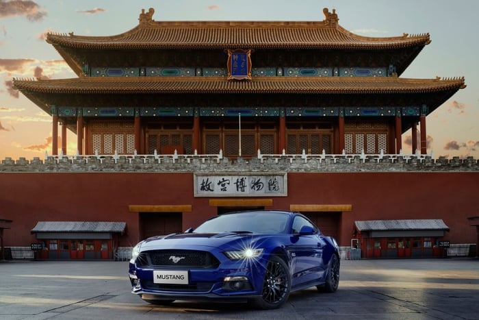 Ford's Mustang in front of a Chinese temple. 