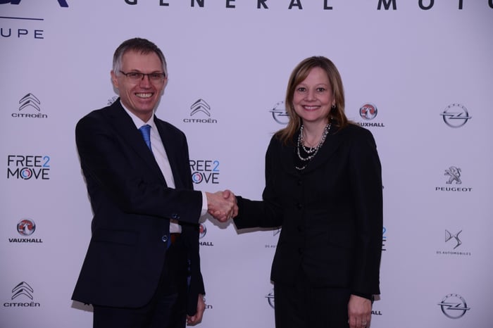 Carlos Tavares, chairman of the Managing Board of PSA, and Mary T. Barra, GM chairman and chief executive officer, shaking hands.