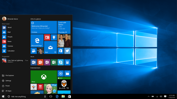 A shot of the Windows 10 Start Menu.
