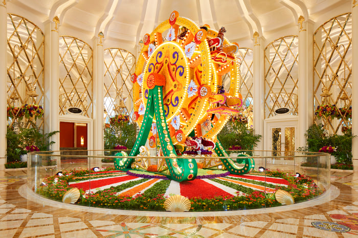 Image of a flower ferris wheel in Wynn Palace. 