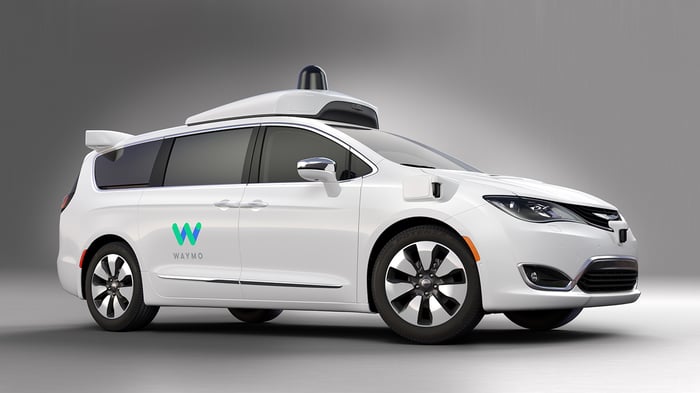 A white Chrysler Pacifica minivan fitted with Waymo's self-driving sensor equipment. 