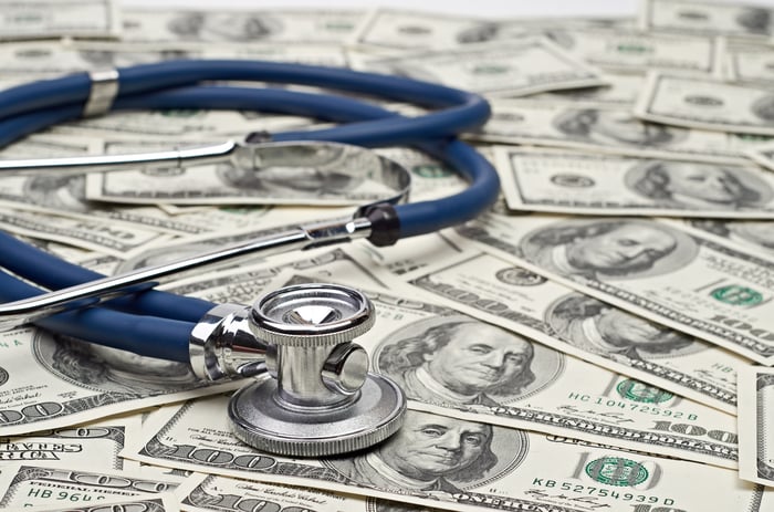 A stethoscope sitting on hundred-dollar bills.