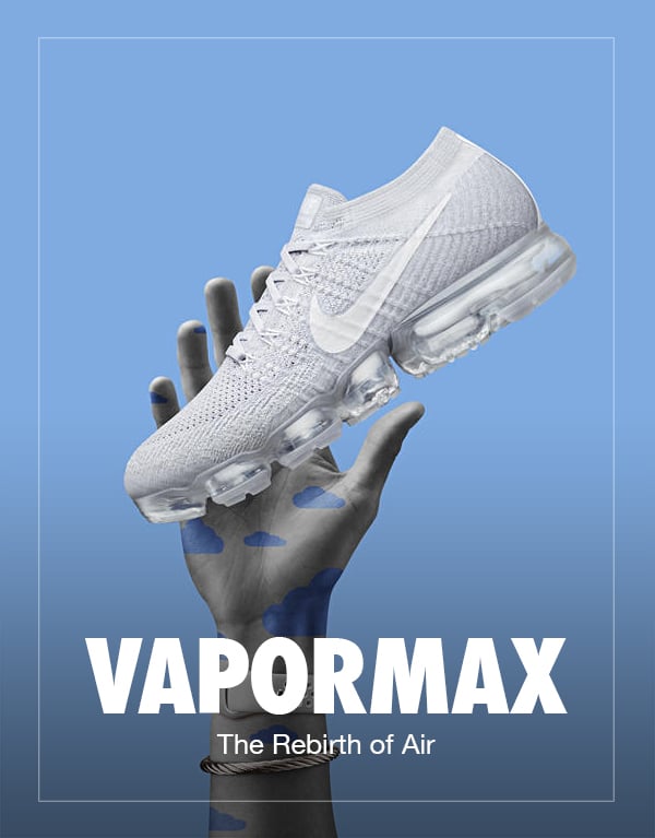 A hand holds a new Nike Vapormax shoe up but it starts to float away depicting how lightweight it is.