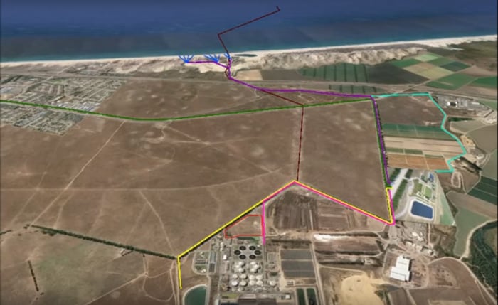 Overhead schematic of the Monteray Peninsula Water Supply Project showing pipeline layout and desalination plant. Roads aren't shown.