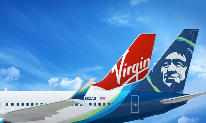 A rendering of Alaska Airlines and Virgin America aircraft tails side-by-side