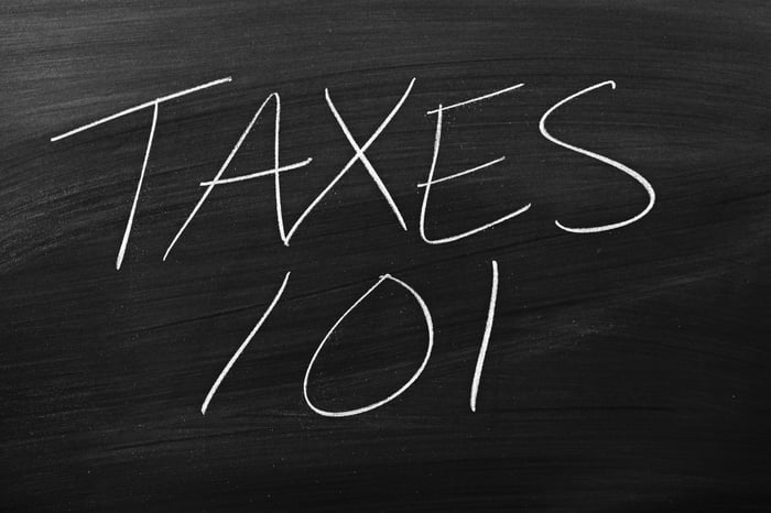 The words "taxes 101" written on a blackboard.