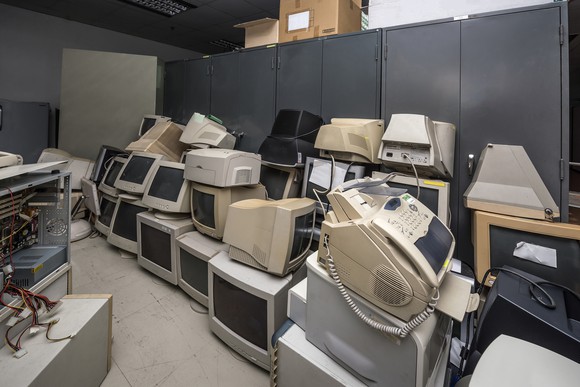 A room full of very old desktop computers