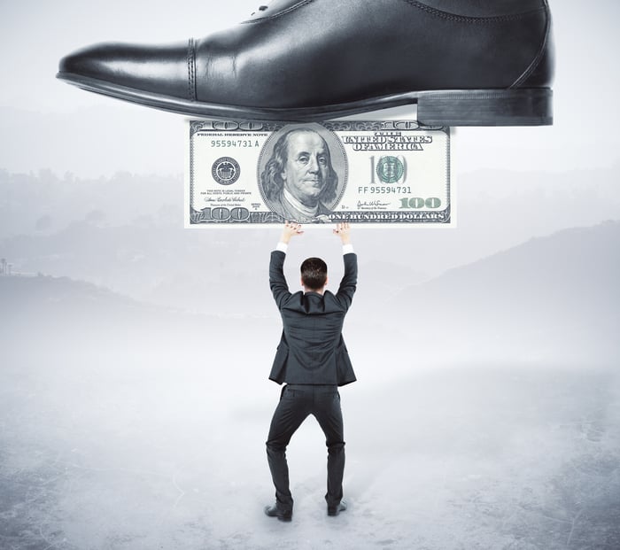 A large shoe stepping on a hundred-dollar bill held up by a miniature man in a suit.