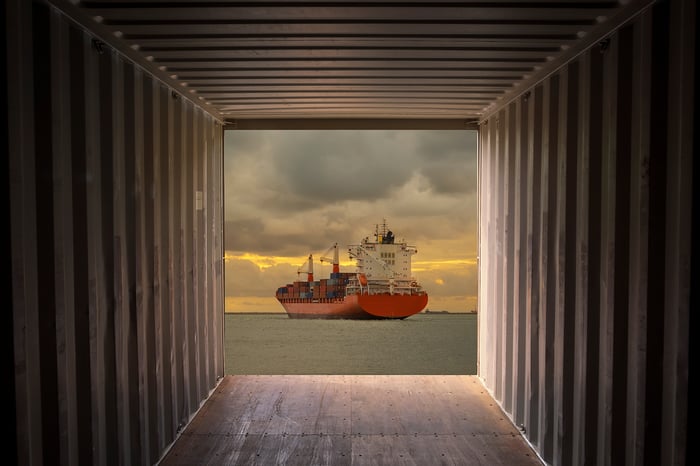 Cargo container ship sailing and view from the Cargo container.