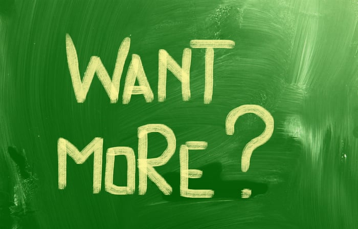 "Want more?" painted in yellow on green background