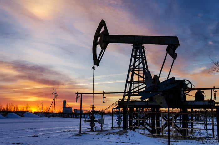 Oil pump silhouette during sunset.