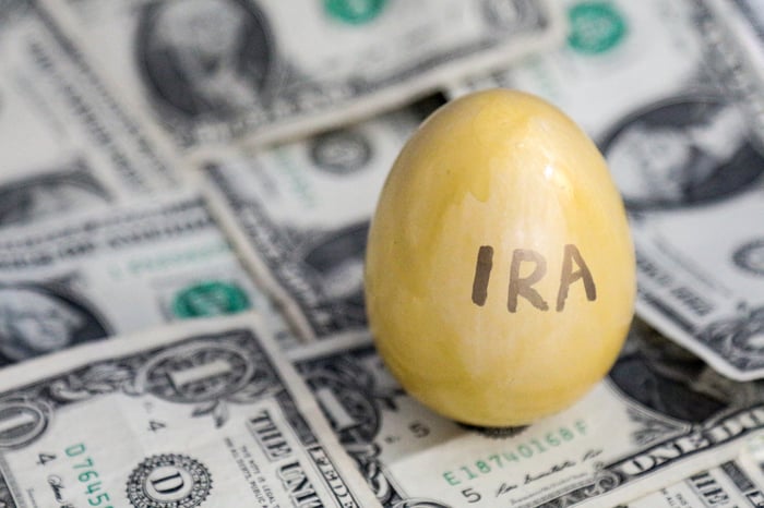 A golden egg labeled IRA is set against a background of one dollar bills. 