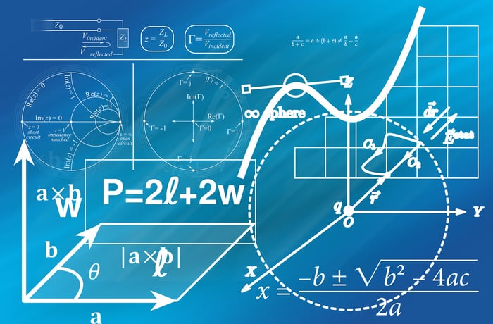 Blue blackboard of sorts, full of equations and formulas - looks complicated