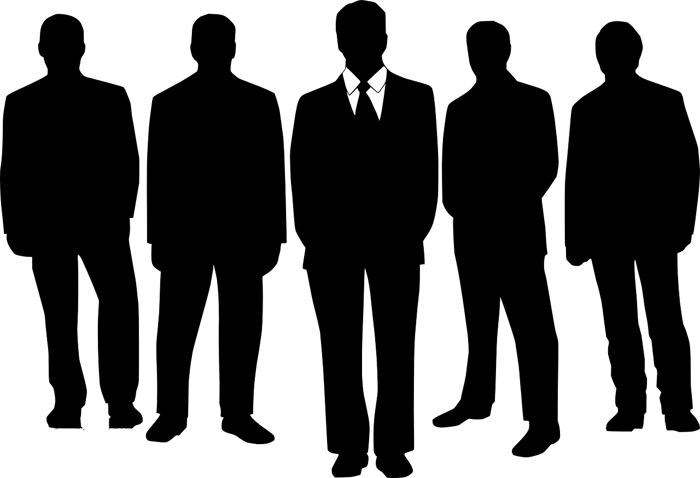 graphic of five businessmen in silhouette, the center one has a visible collar