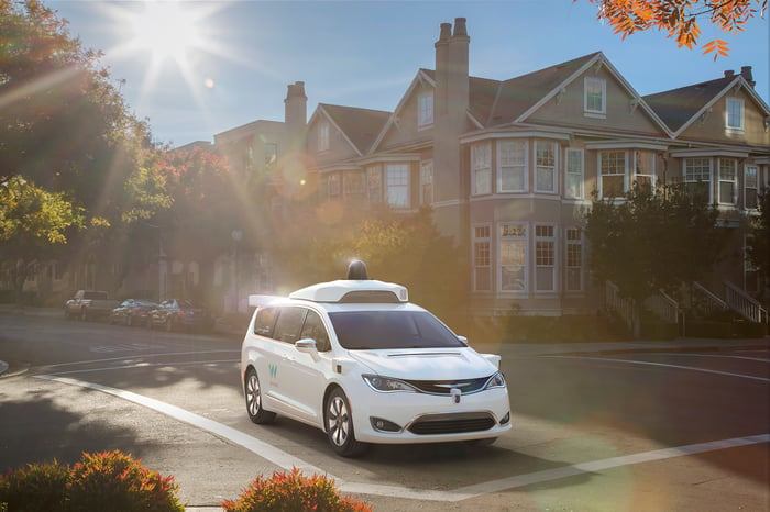 A white Chrysler minivan equipped with Waymo's self-driving system on a suburban street