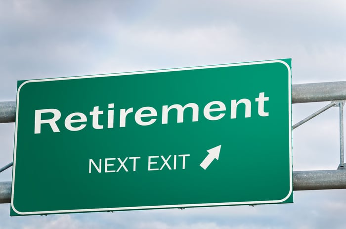 Road sign that says "retirement next exit," with an arrow