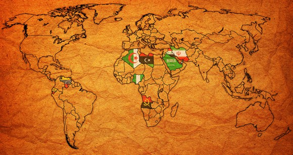 Organization of the Petroleum Exporting Countries on world map with national borders.