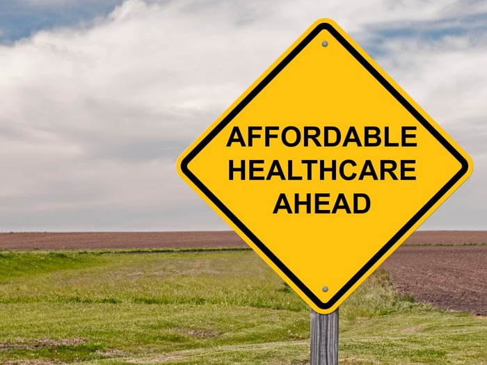 Road sign that says "affordable healthcare ahead."