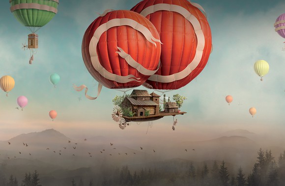 Adobe's Creative Cloud graphic showing hot air balloons carrying a house.