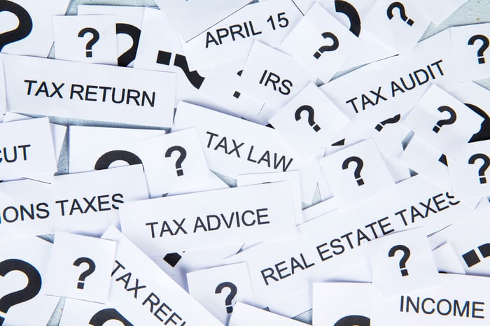 Lots of pieces of paper, on which are written question marks and terms such as "tax return" "tax audit" and "april 15."