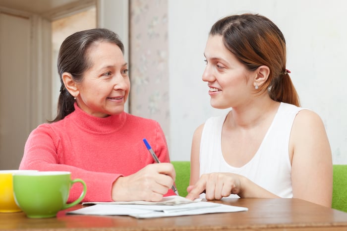 Mother and daughter looking at student loan documents