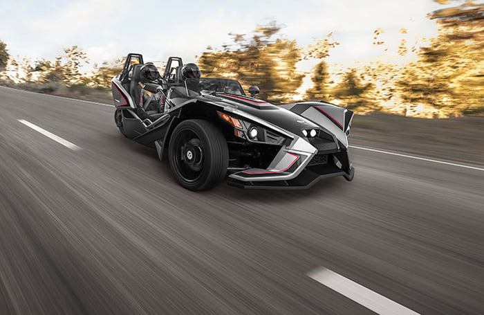 Black Slingshot three-wheeled motorcycle