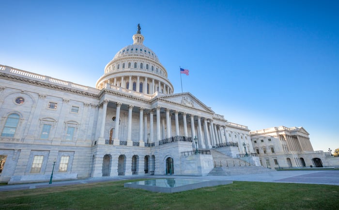 A view of the facade of the Capitol building. 