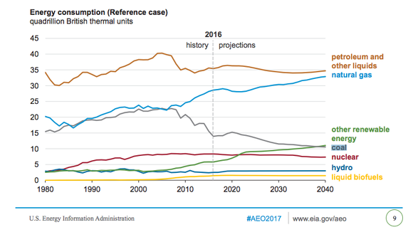 Energy Information Administration electricity fuel projections showing coal remains important in the fuel mix at least through 2040.