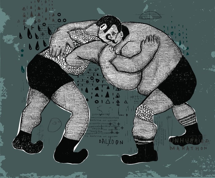 Retro-style illustration of two mustachioed wrestlers grappling.