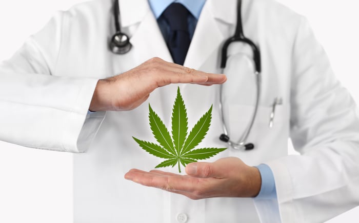 A doctor holding a cannabis leaf, symbolizing medical marijuana.