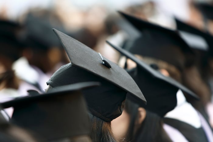 backs of heads of some graduates, wearing caps and gowns