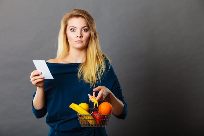 Shocked-looking woman holding small basket of produce and receipt