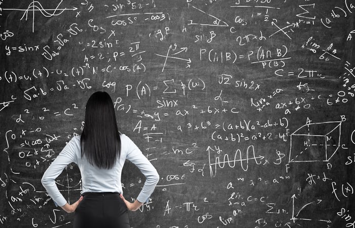 Rear view of a thoughtful woman who tries to solve math problems. Math calculations on black chalk board.