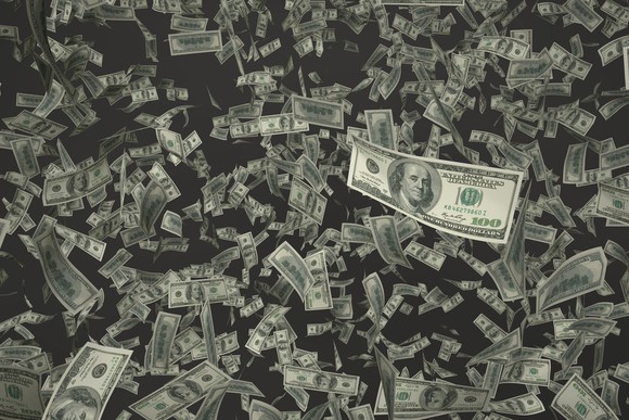 $100 bills falling from the sky