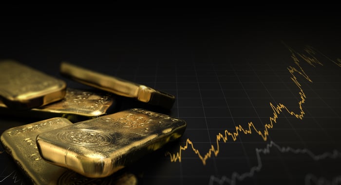 Gold bars on a dark background next to a stock chart.