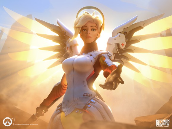 The Mercy character from Overwatch, outfitted with wings and a halo as she reaches toward the viewer.