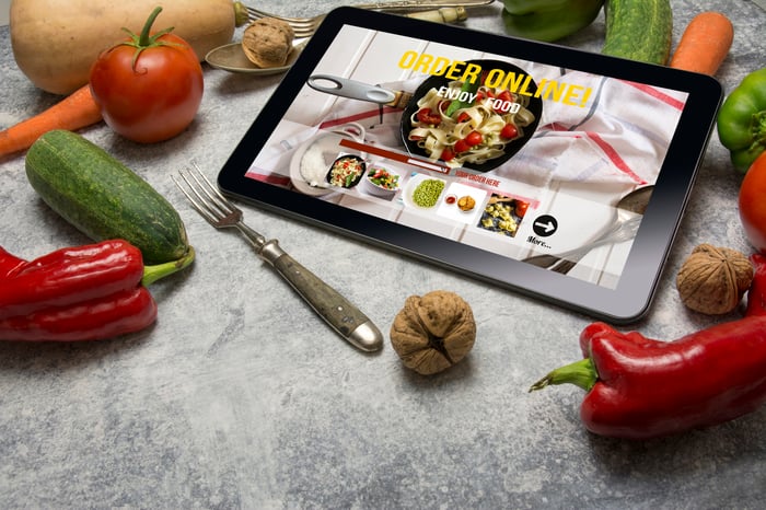 Tablet with Online food delivery app on screen