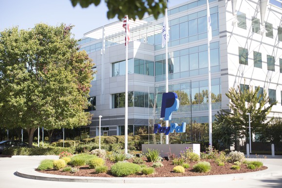PayPal logo in front of corporate headquarters building.