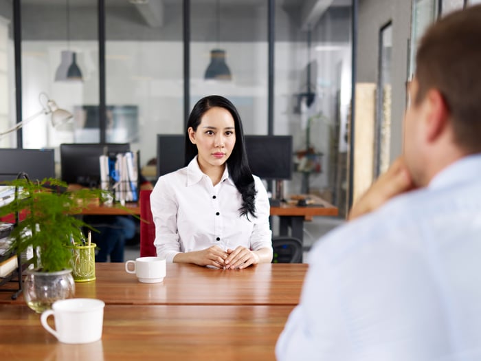 Nervous woman being interviewed