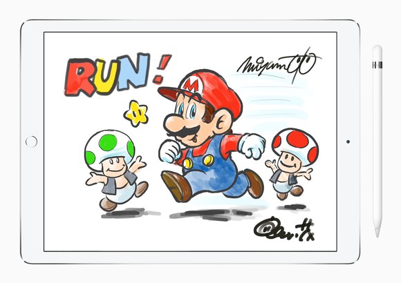 An iPad displaying hand-drawn versions of characters from the Mario universe.