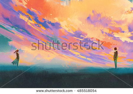 stock-photo-man-and-woman-standing-opposite-of-each-other-against-colorful-sky-illustration-painting-485518054