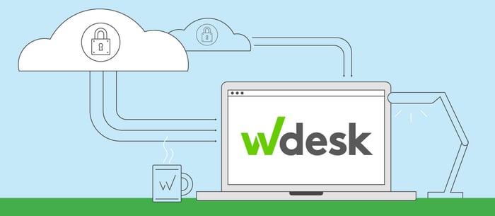 The Wdesk logo on a laptop, with lines indicating connections to the cloud.