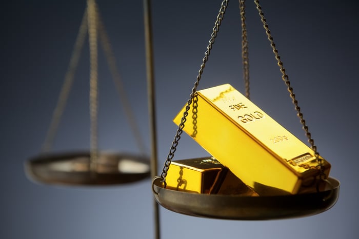 Gold ingots being weighed on a brass scale.